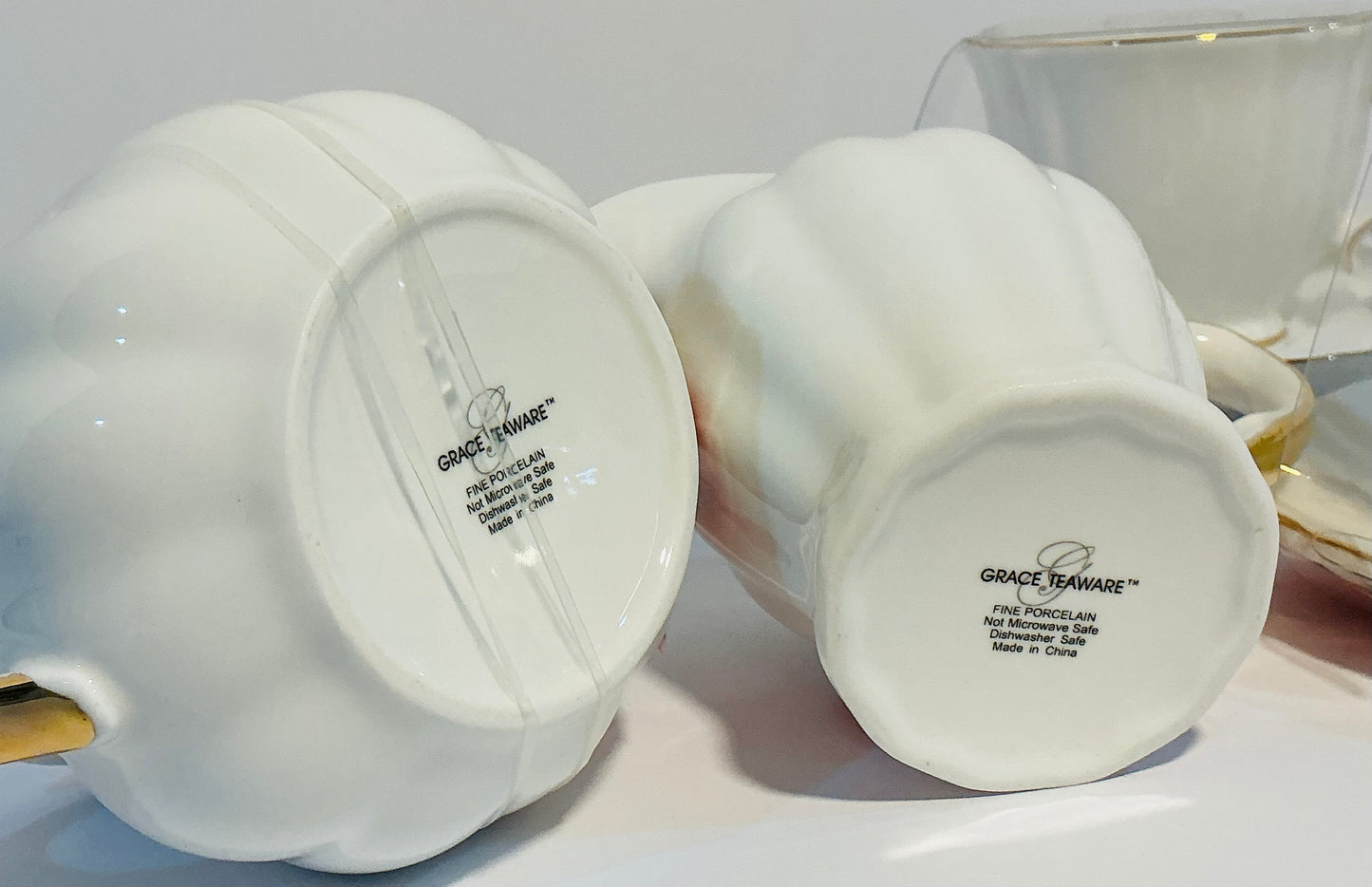 Grace’s Teaware Set of 2 Fine Porcelain Tea/Coffee cups & Saucers w/ creamer & sugar bowl