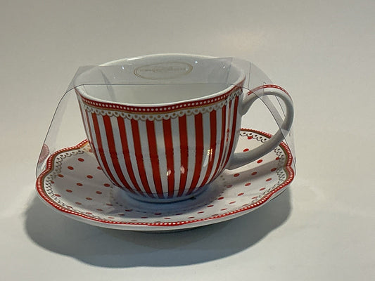 Grace Teaware Red Josephine Stripes and Dots Tea Cup And Saucer Set Of 2