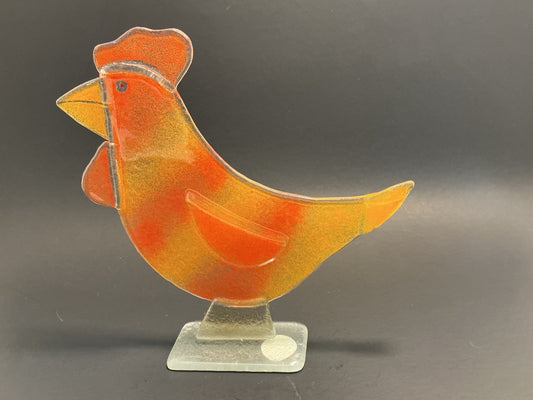 D&J Glassware Fused Glass Rooster Handmade Made In England 7.5”high, 7”wide