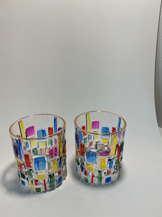 Gusto Buono Multicolor Glasses With Gold Rim 2pcs Set Hand Painted Italian