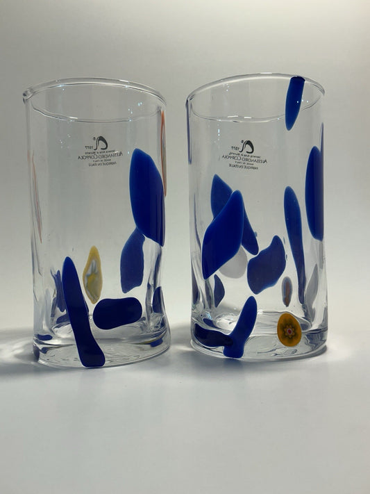 Set of 2 Arte Di Murano Blue Short Stripes Tumblers by Alessandro Coppola 16oz