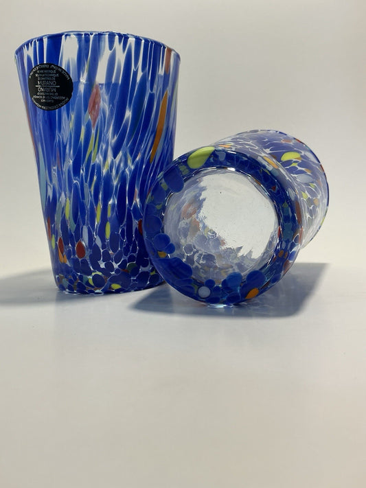 MURANO Crystalleria Set of 2 Blue/Multi Hand Blown Glass Tumbler 12oz Italy