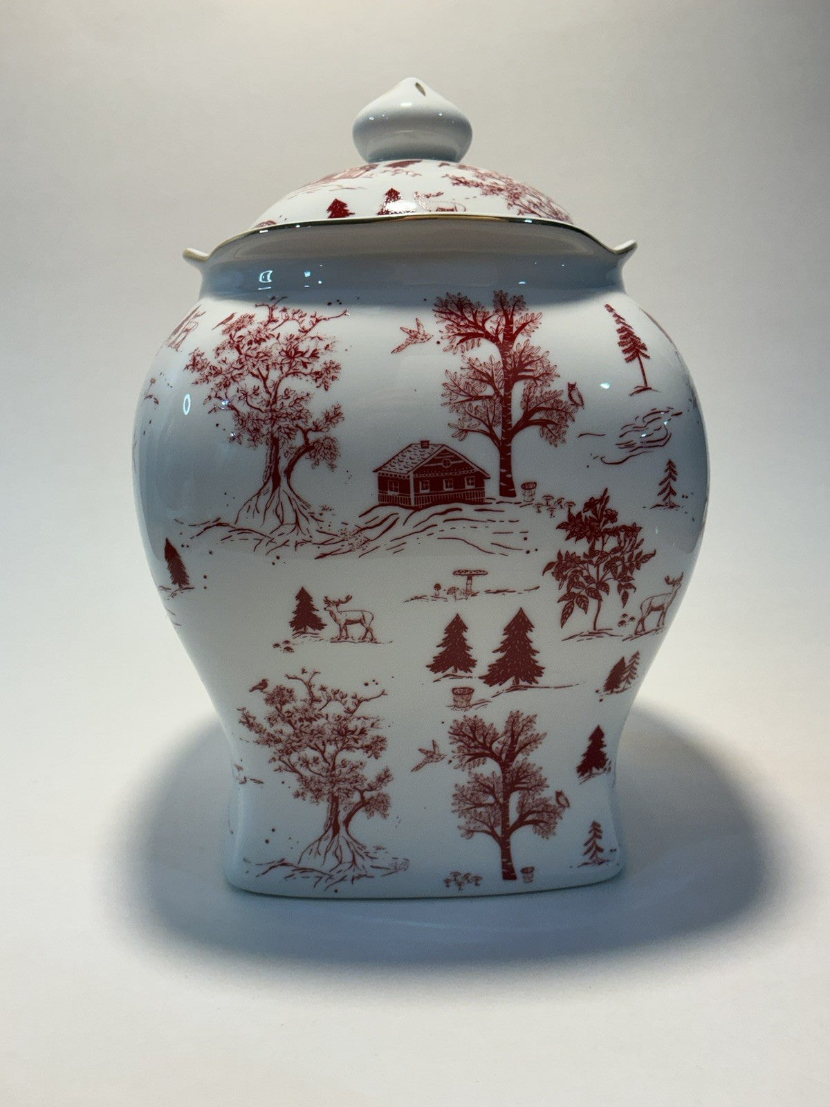 Grace Teaware Cookie Jar 7” High Red Village Toile Winter Scene 4” diameter