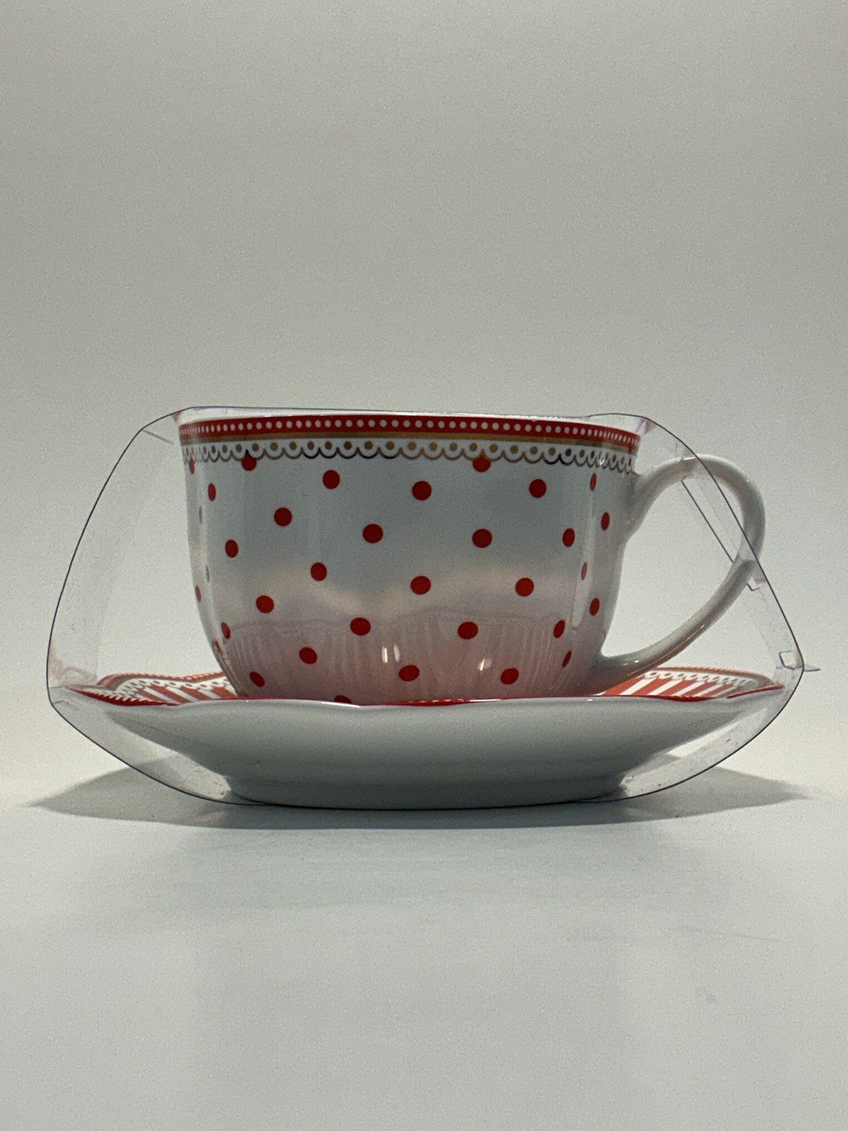Grace Teaware Red Josephine Stripes and Dots Tea Cup And Saucer Set Of 2