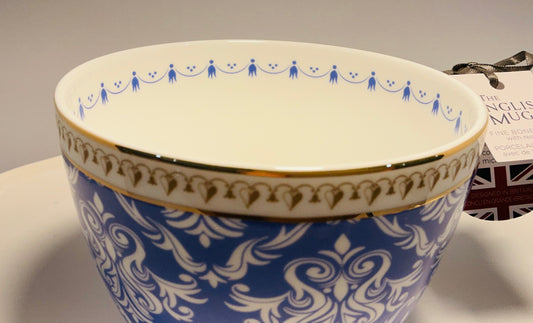 The English Mug co.Old Pottery Bone In China Blue Gold Boho Design