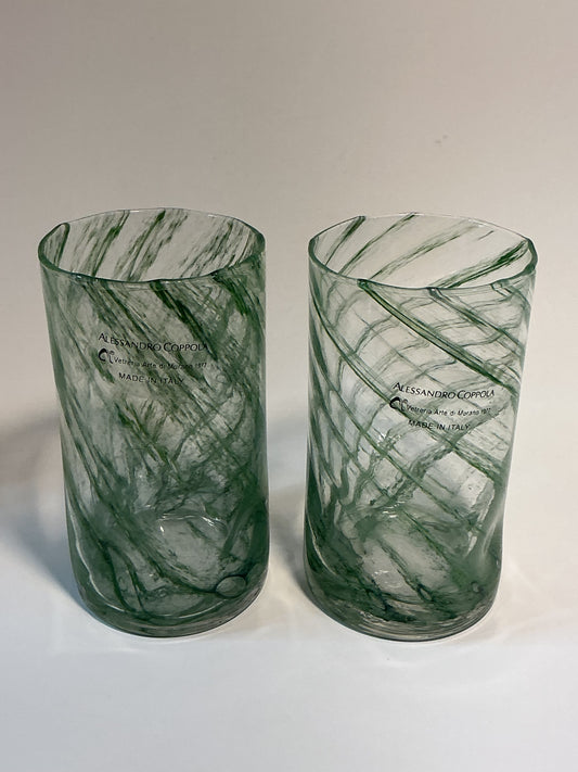 Set of 2 Arte Di Murano Green swirls Tumblers by Alessandro Coppola 16oz.Made in Italy