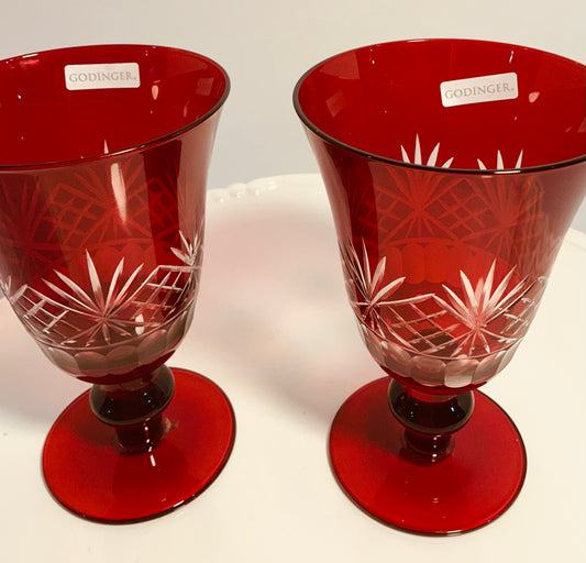 Godinger Set of 2 Vintage Ruby Red Bohemian cut-to-clear crystal for Wine or Cordial 5.5” Tall