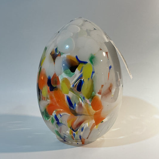Zorza Egg Shaped with multicolored murrine inclusions , hand blown in Poland 9”x6” Tea-light