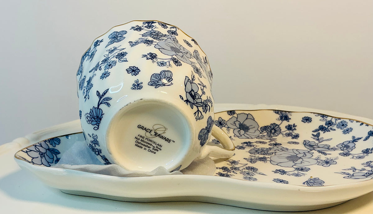 Grace’s Teaware Porcelain Teacup and Saucer Floral Blue Vintage