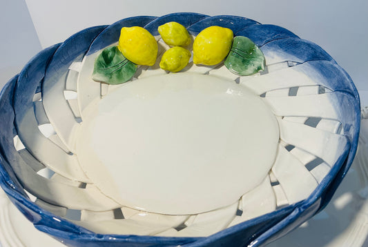Lanzarin Italian Majolica Lemon Serving Bowl ,Handcrafted Ceramic Fruit Dish w/ Blue Rim