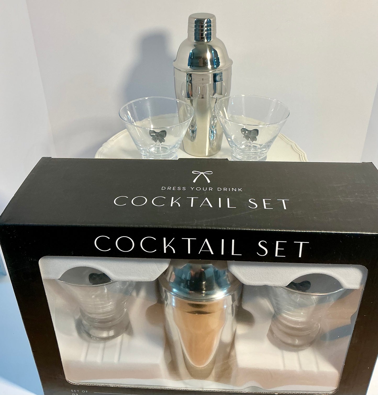 Dress your Drink, Set of 2 Stemless Martini Glasses and a Cocktail Shaker- Coquette Aesthetic Black