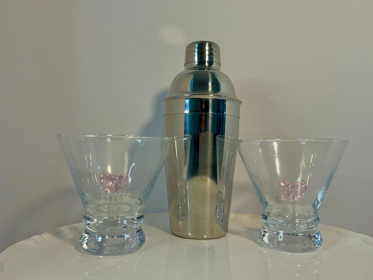Dress your Drink, Set of 2 Stemless Martini Glasses and a Cocktail Shaker- Coquette Aesthetic Pink