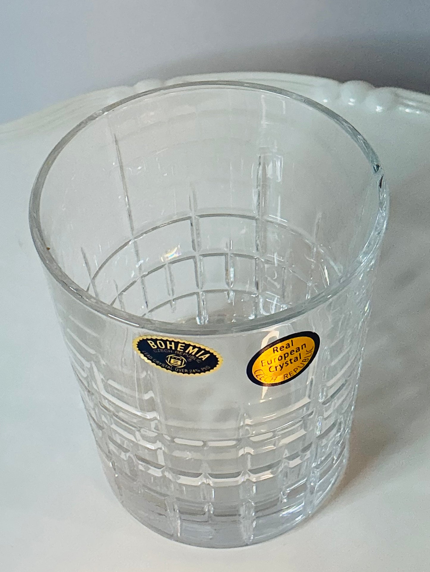 Bohemia Crystal Whiskey Tumbler featuring a geometric square cut pattern