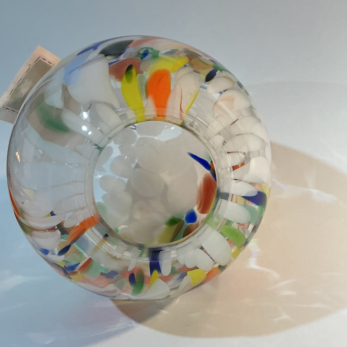 Zorza Egg Shaped with multicolored murrine inclusions , hand blown in Poland 9”x6” Tea-light