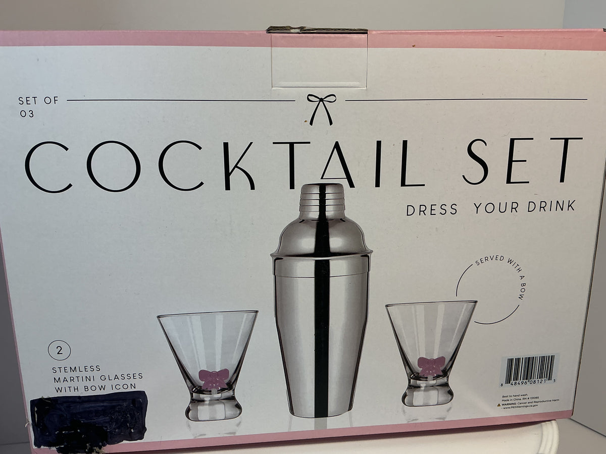 Dress your Drink, Set of 2 Stemless Martini Glasses and a Cocktail Shaker- Coquette Aesthetic Pink