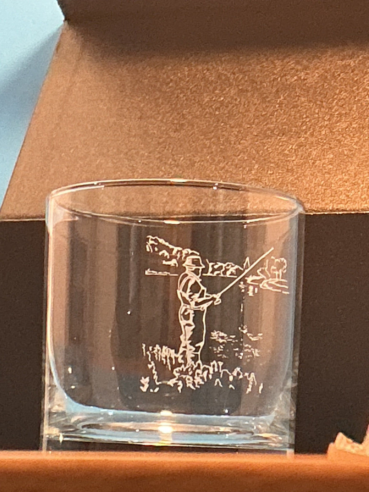 Selbrae House glass tumblers with Fishing Themed Etching of a person fly fishing set of 2 made in Scotland