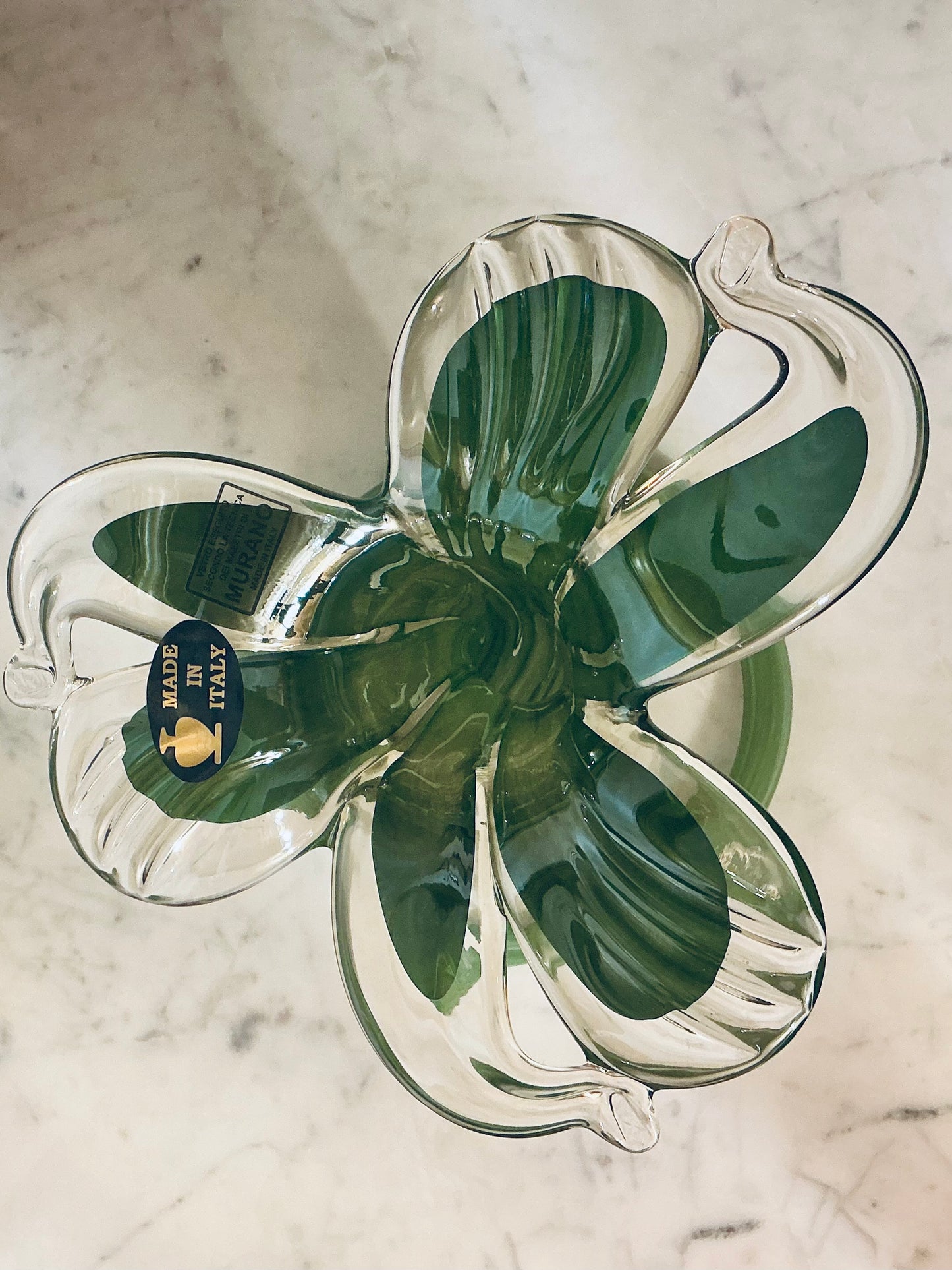 Murano Art Glass Green Stand Up Flower 6.6” Tall