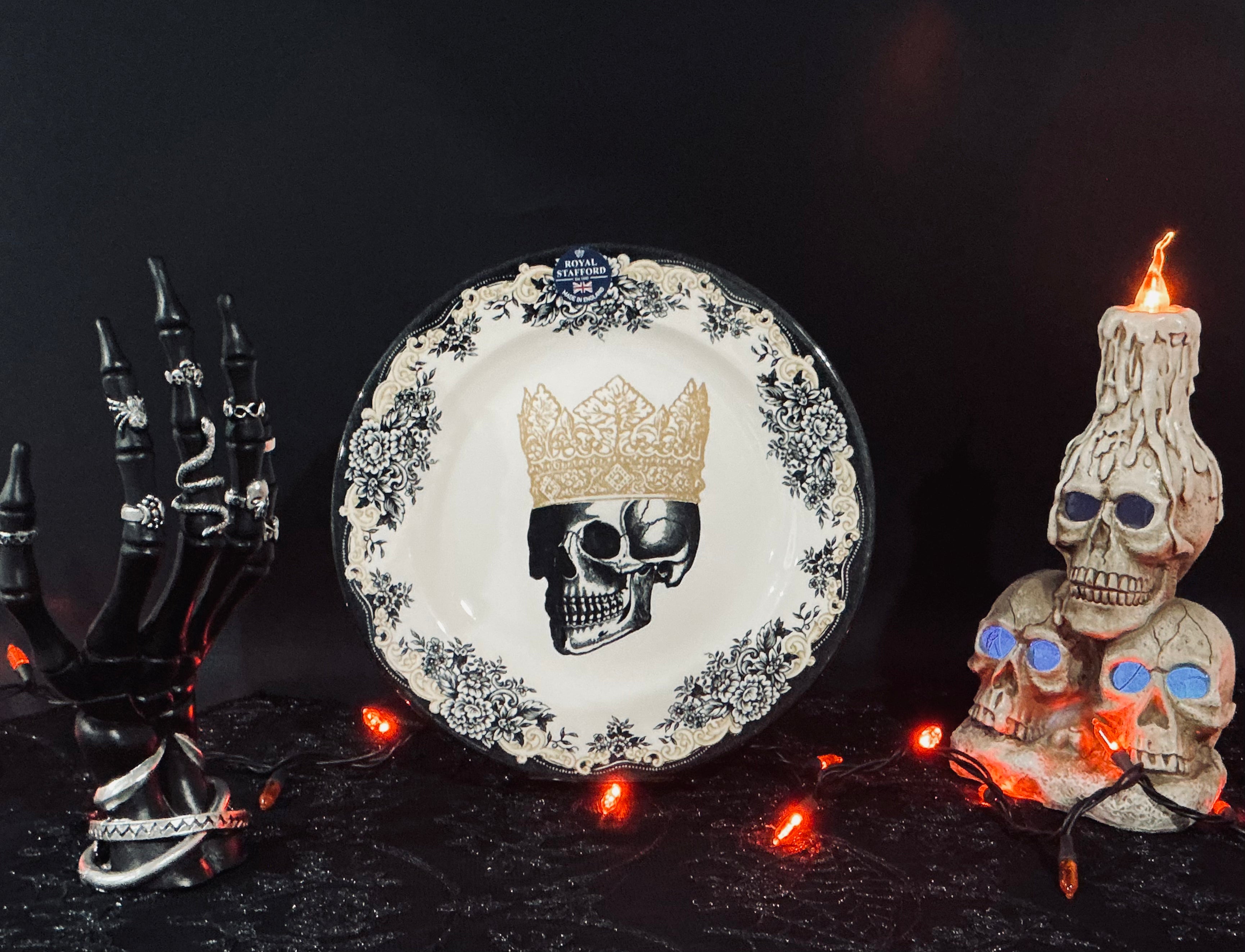 Royal Stafford Gothic Crowned Skull Porcelain Dinner Plate 11.75" – Black Floral Toile