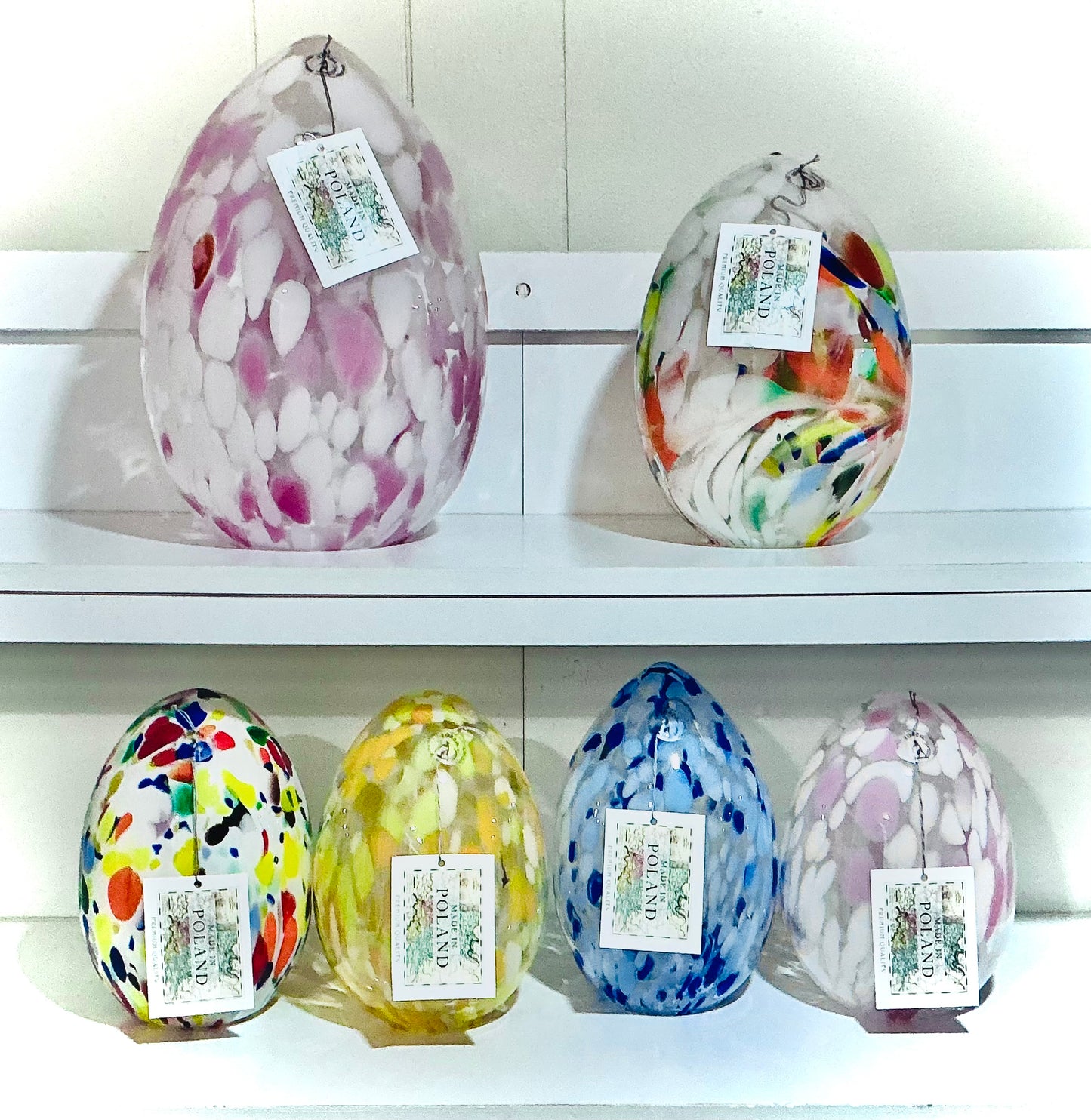 Zorza Egg Shaped with multicolored murrine inclusions , hand blown in Poland 7”x4” Tea-light. Made in Poland