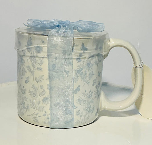 Sunday Morning Ceramics, flowers patterns large mug w/blue ribbon & tag that reads “you are loved”