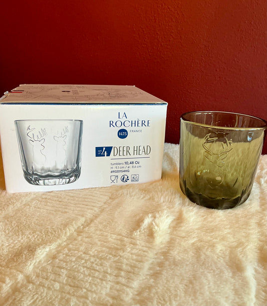 Set of 2 La Rochère Deer Head Whiskey Glass Tumbler 10.48 oz Olive Green