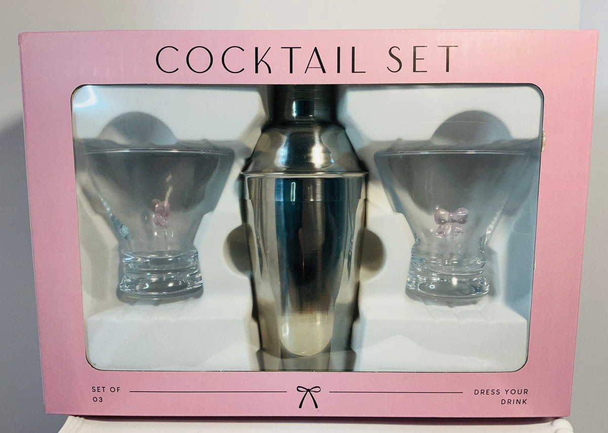 Dress your Drink, Set of 2 Stemless Martini Glasses and a Cocktail Shaker- Coquette Aesthetic Pink