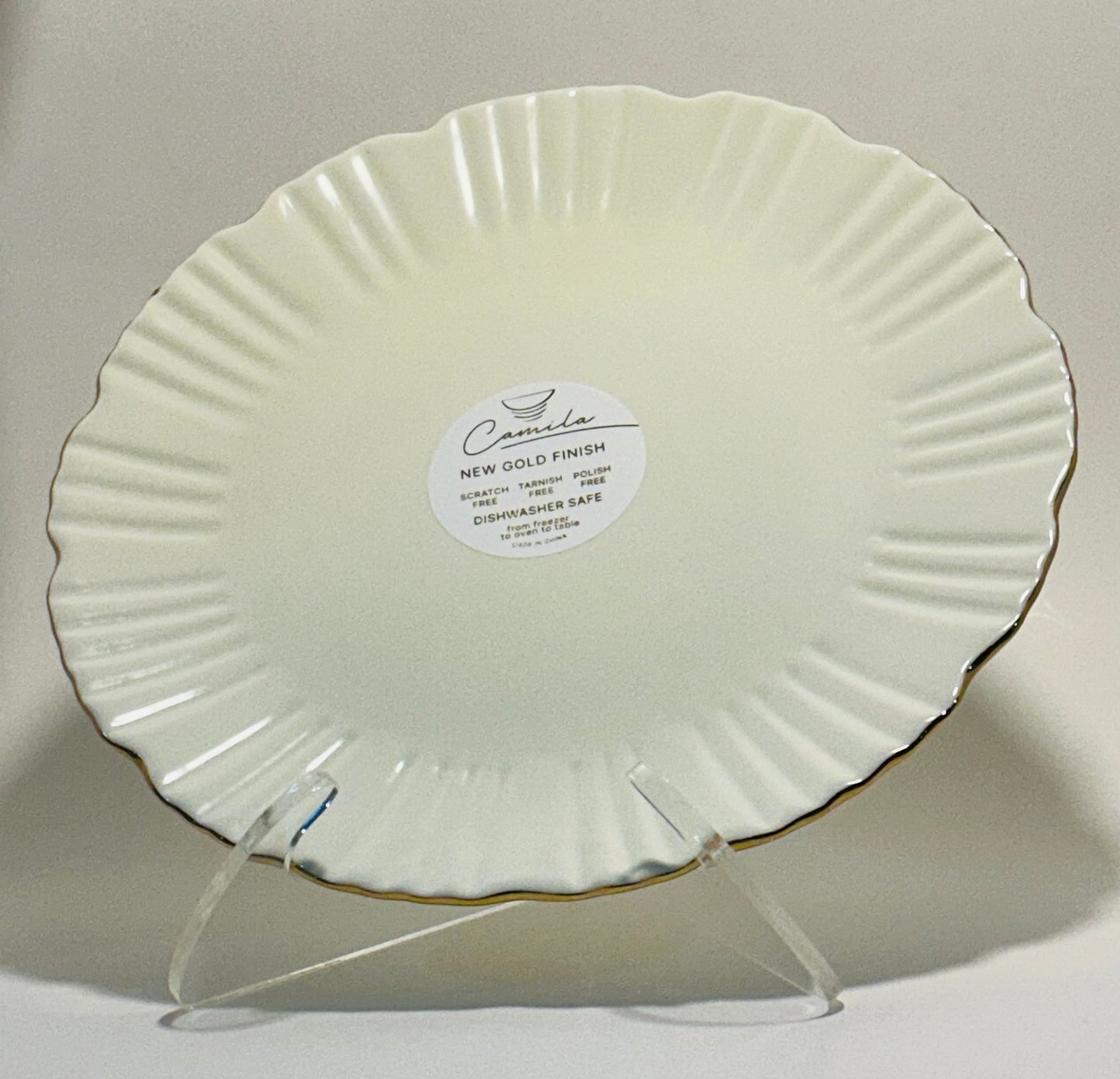Camilla Scalloped Pale Yellow Dinner Plate with Gold Trim Freezer to Table 11”