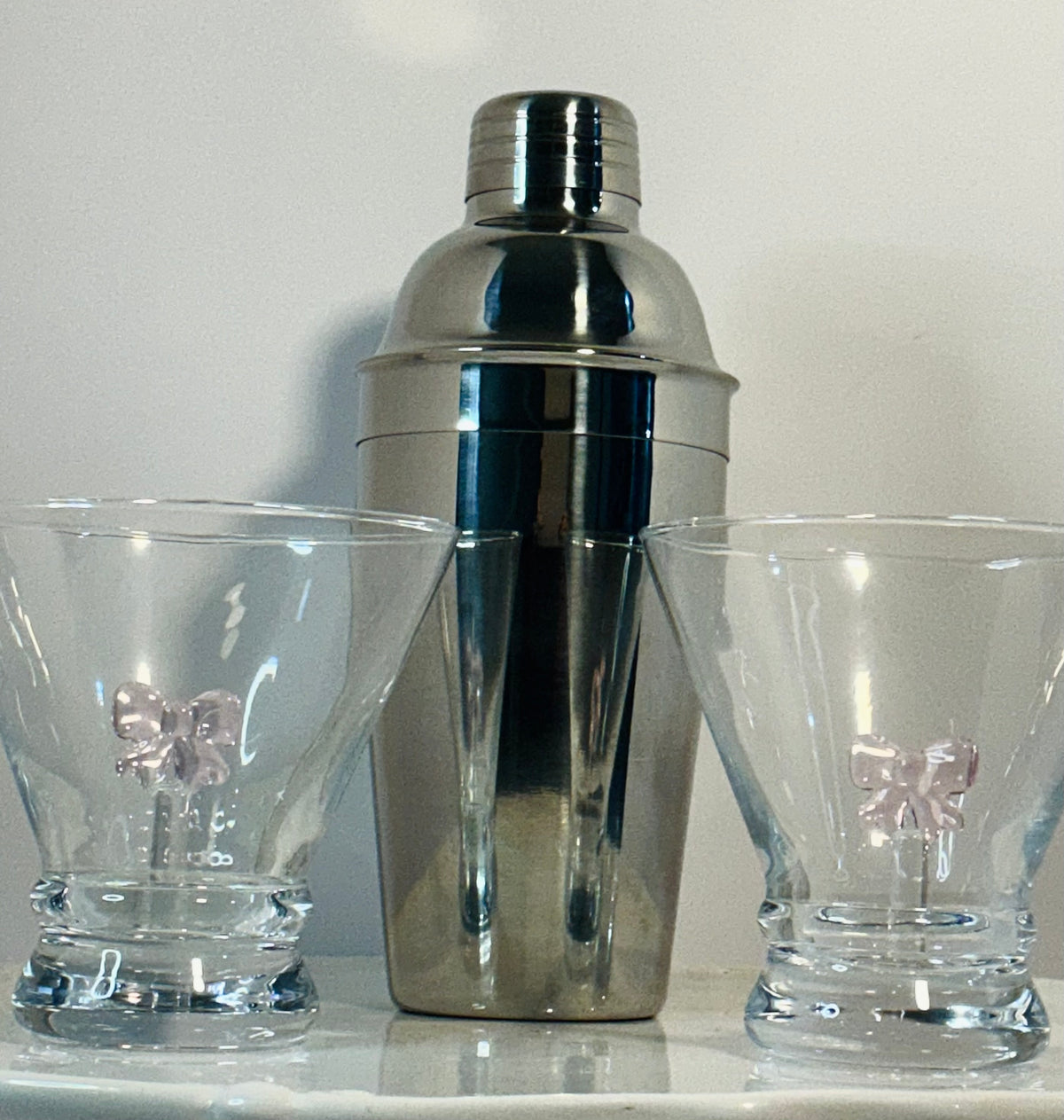 Dress your Drink, Set of 2 Stemless Martini Glasses and a Cocktail Shaker- Coquette Aesthetic Pink