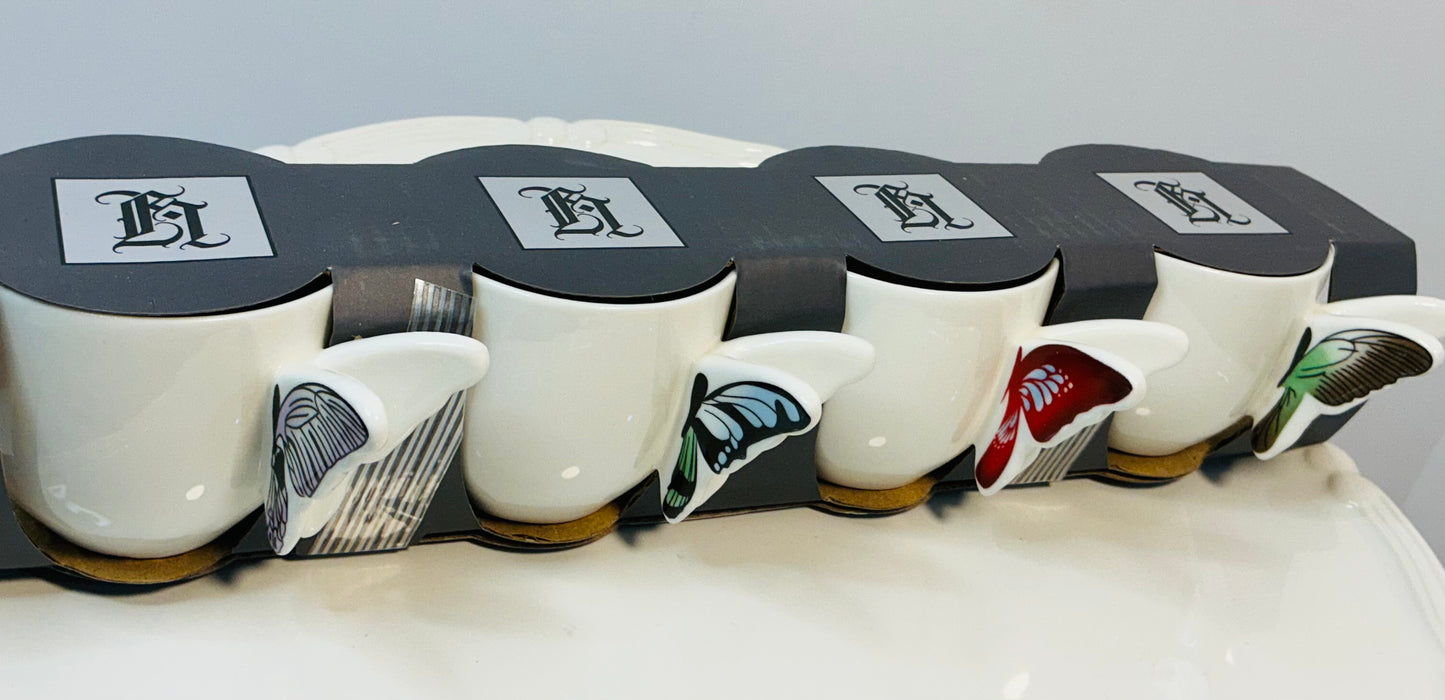 Set of 4 espresso coffee cups w/ Butterfly handle design