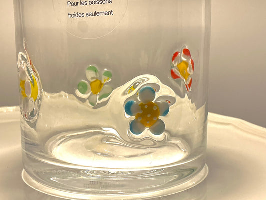 Anthropologie Dupe Set of 2 Daisy Flowers Icon juice glasses hand blown 17 oz hand blown pressed glass icons 4.5"tall 4” diameter
