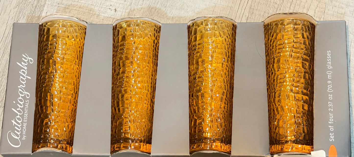 Autobiography Embossed 4 Shot Glasses 2.37oz/glass by Home Essentials - Black/dark grey, Clear, Orange & Green