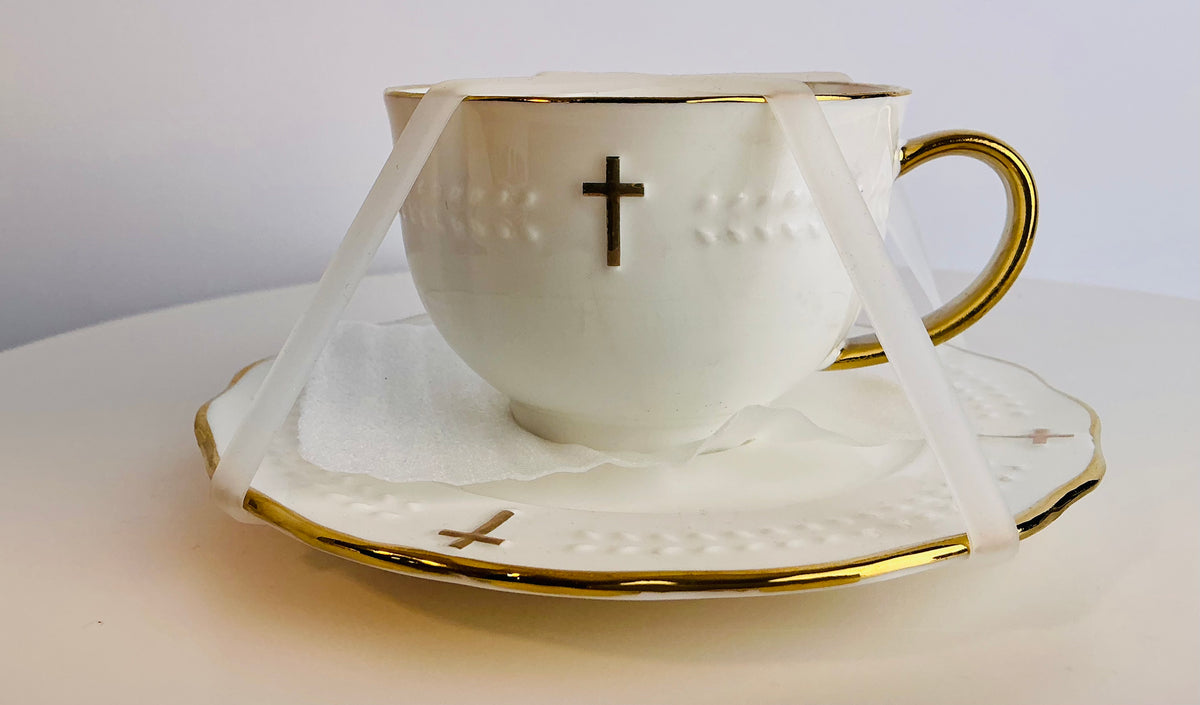 YH Houseware Cross & Gold Tea Cup & Saucer Set for 2 – Designed for Elegance