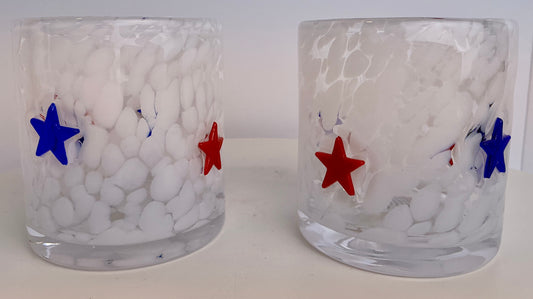 Americana Stars Art Glass Tumblers – Set of 2 | Red & Blue Stars Patriotic Glassware