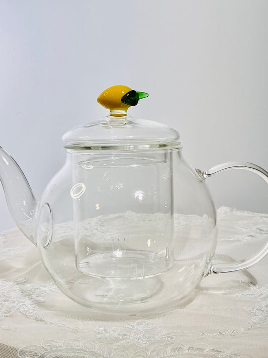 Glass Teapot with Decorative Knob Lid & Built-In Infuser – Lemon, Blue Bird, Tulip or Bee