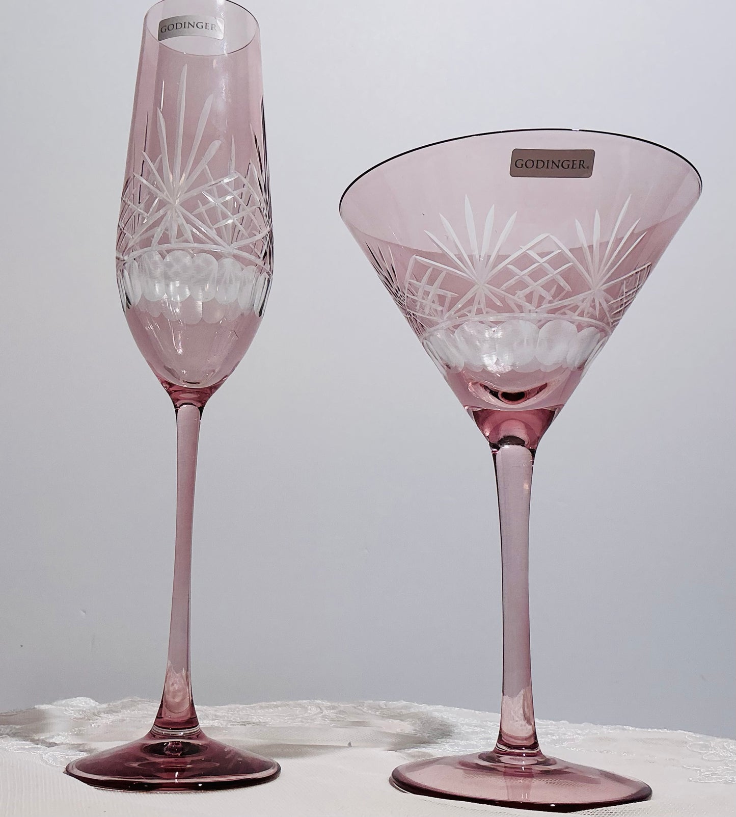 Godinger Pink Cut Crystal Glasses Set of 2 Martini 7.5" OR Champagne Flute 10"