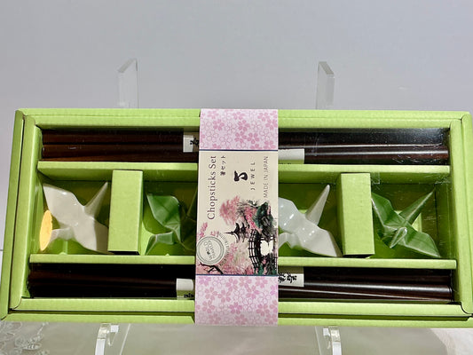 Jewel World Traveler Chopsticks Set with Ceramic Origami Crane Rests | Made in Japan