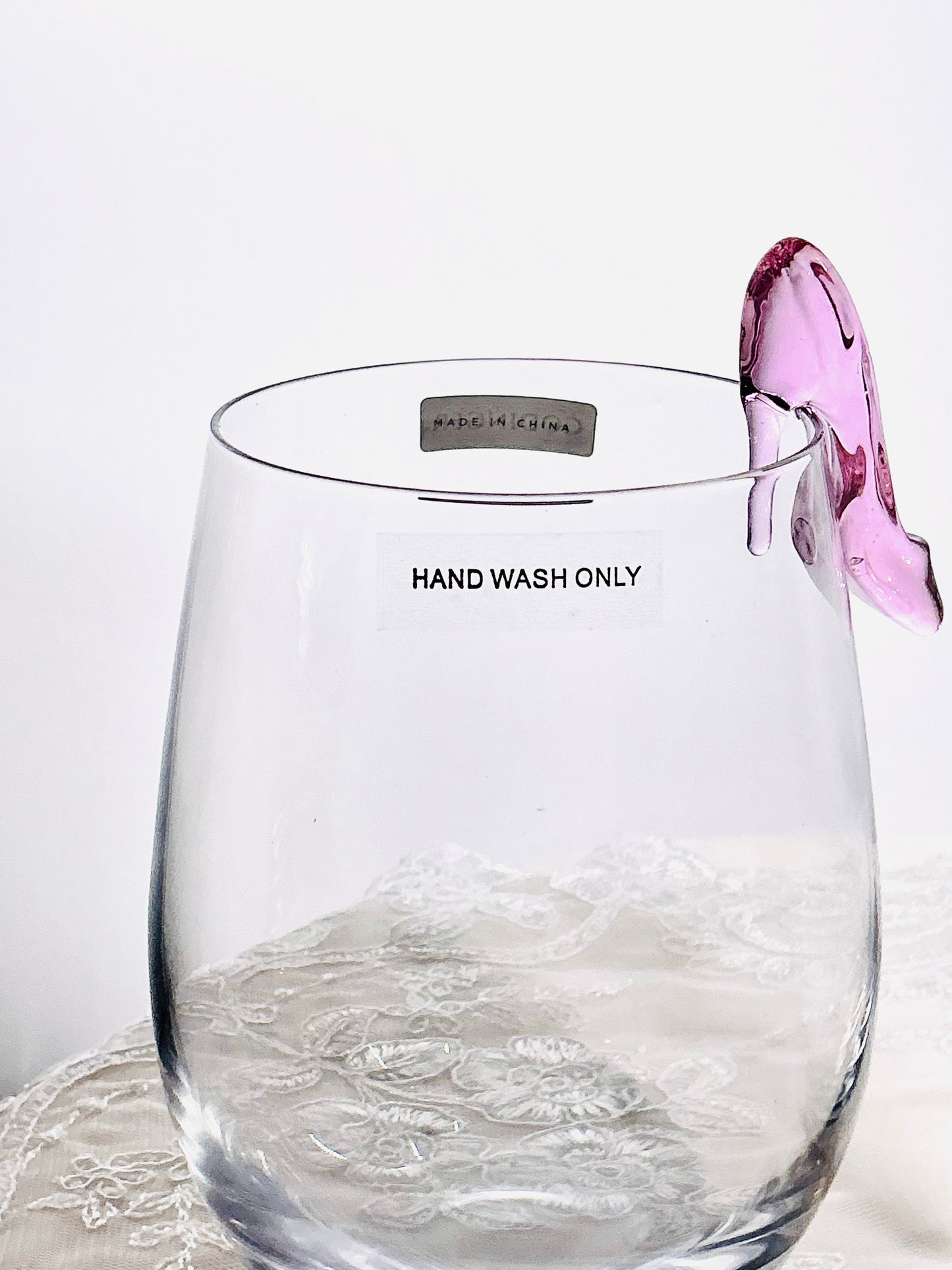 Godinger Stemless Wine Glasses with Pink High Heel Charm – Set of 2
