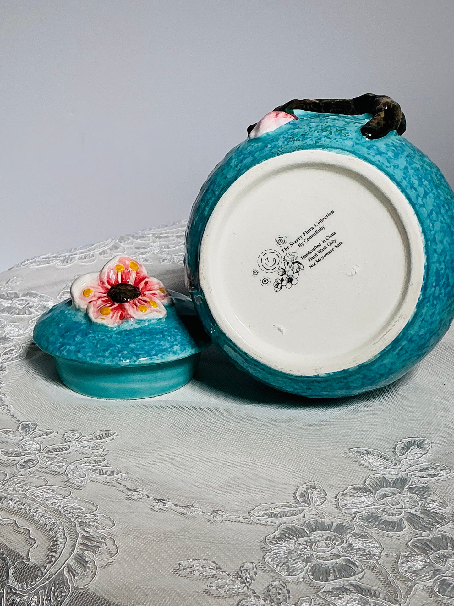 CornerRuby Starry Flora Cherry Blossom Ceramic Sugar Bowl | 3D Sculpted | Handcrafted