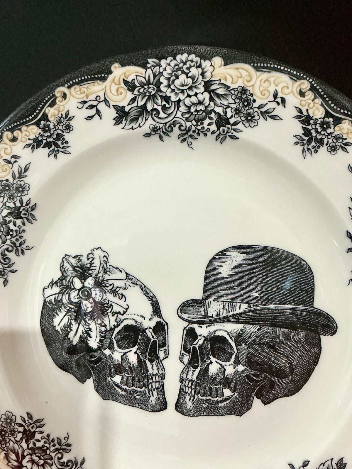 Royal Stafford Gothic Skull Couple Porcelain Dinner Plate 11.75" – Black Floral Toile