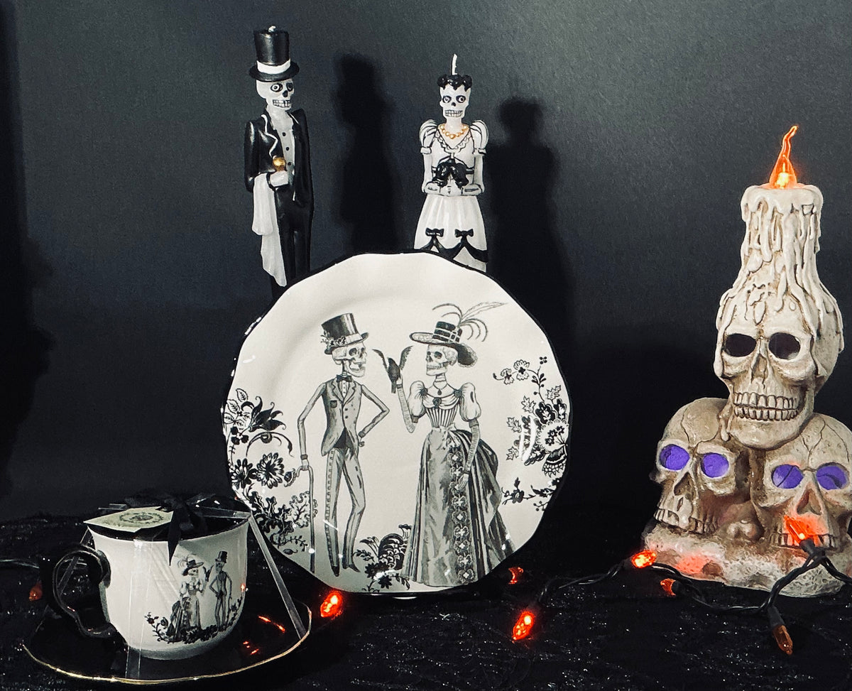 Potter's Studio Victorian Skeleton Couple Dessert Plate & Tea Cup Set