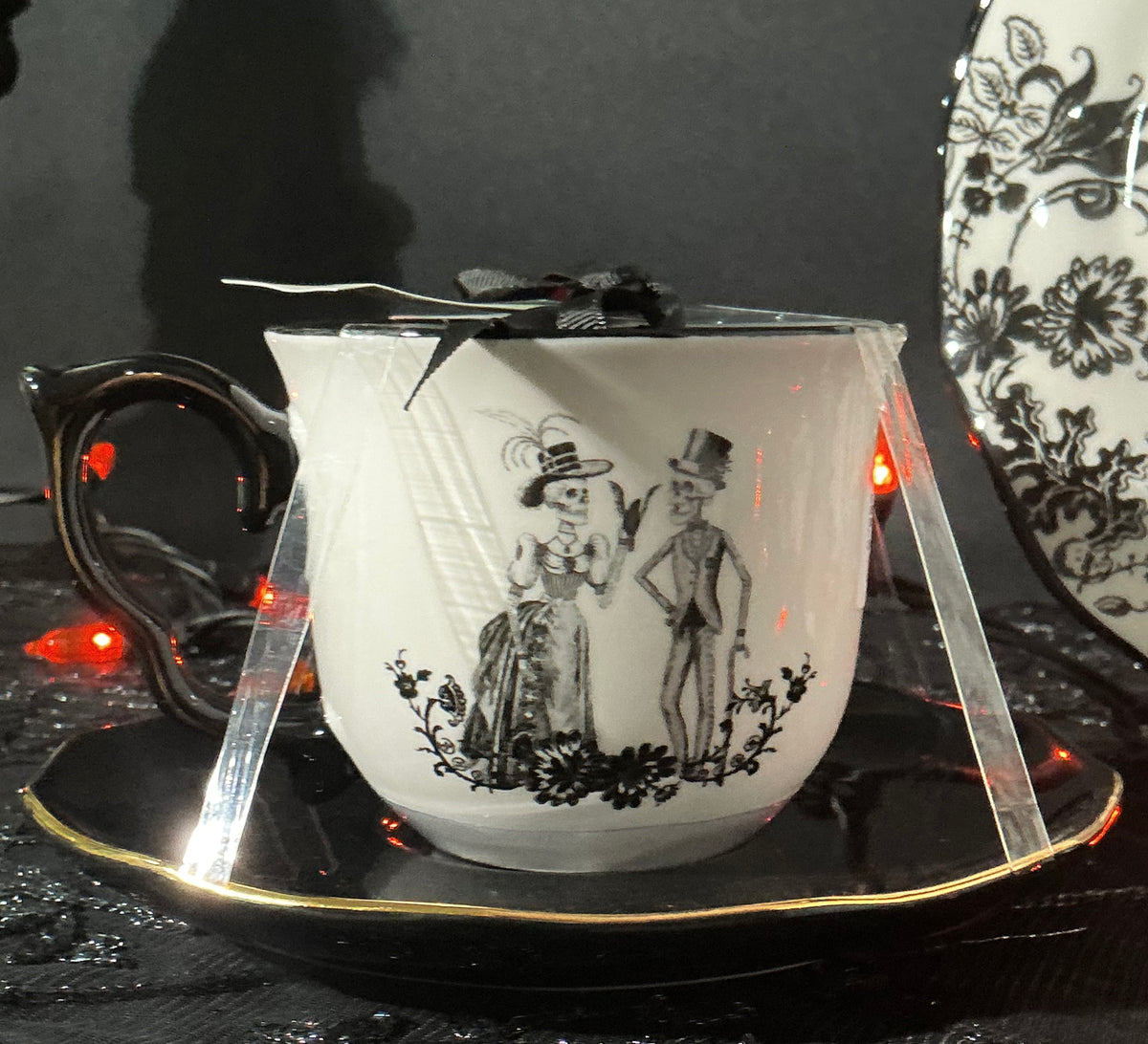 Potter's Studio Victorian Skeleton Couple Dessert Plate & Tea Cup Set