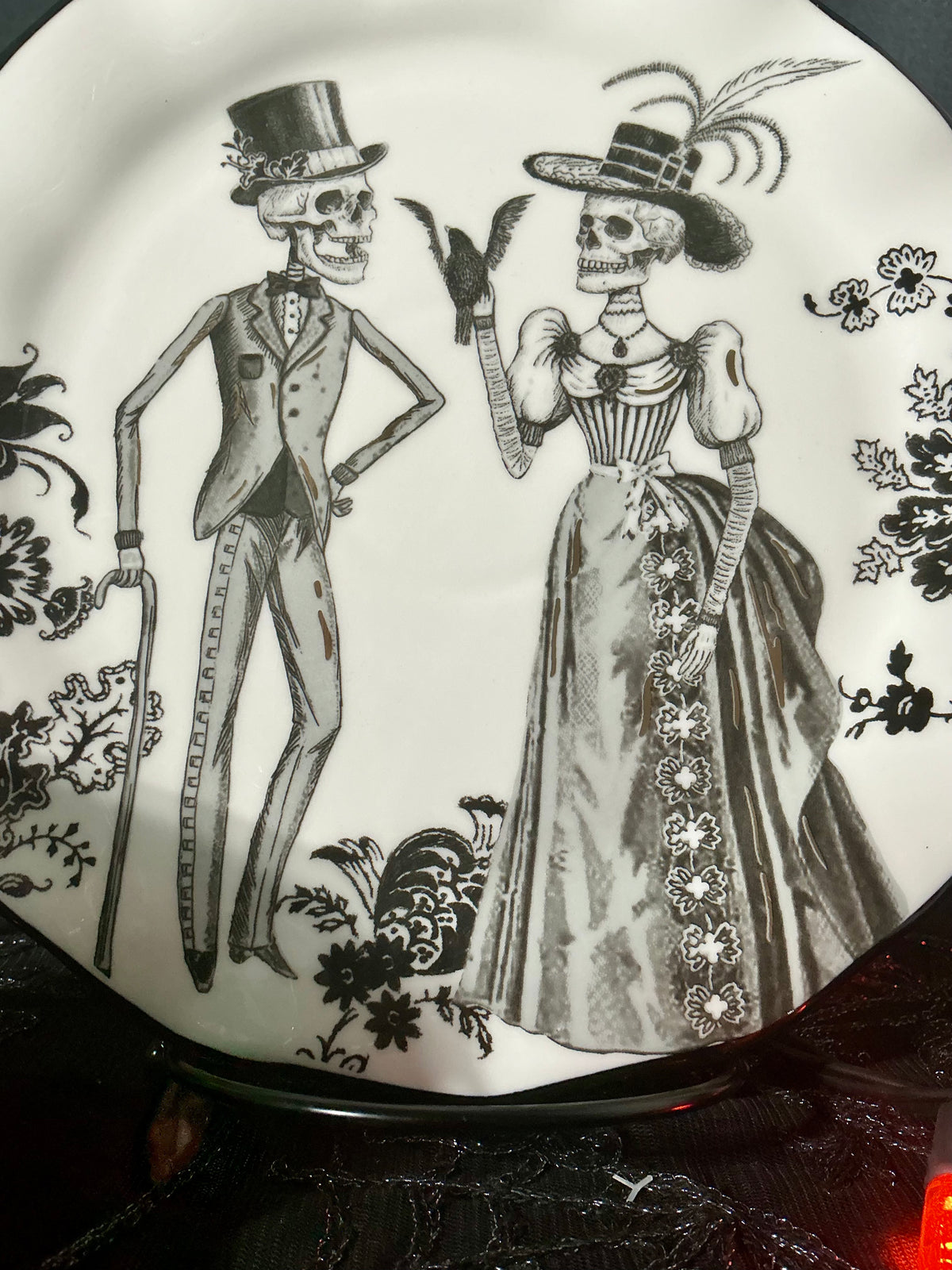 Potter's Studio Victorian Skeleton Couple Dessert Plate & Tea Cup Set