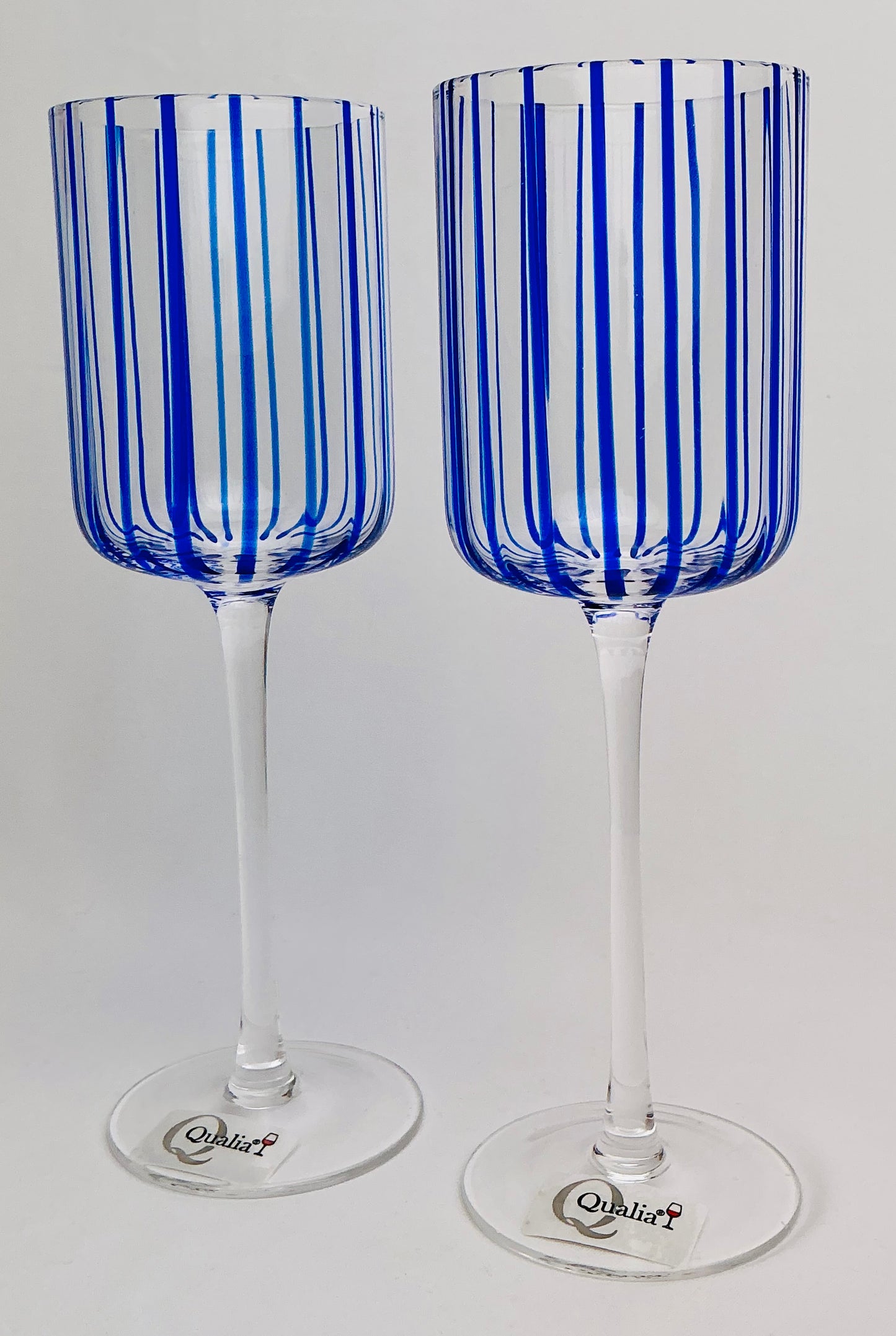 Qualia Glass Blue Striped “Posh” Wine Glasses-Set of 2- Hand-Blown Crystal 9”H