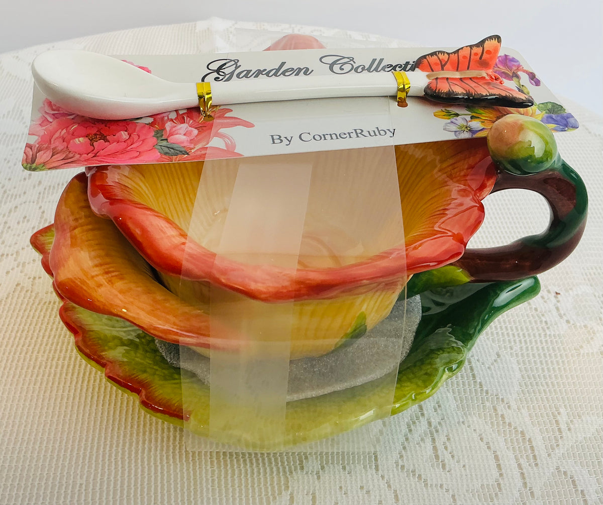 CornerRuby Garden Collection Handcrafted Flower Mug & Teacup Set