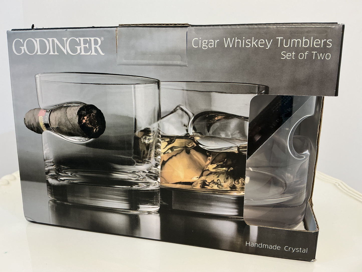 Godinger Cigar Whiskey Tumblers Set of Indented Rest Crystal Barware NIB