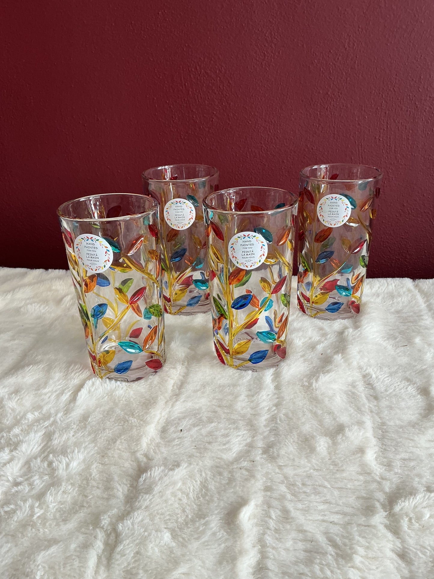 Milano Highball Glasses Set of 2 – Hand Painted Colorful Leaf Vine Design, New