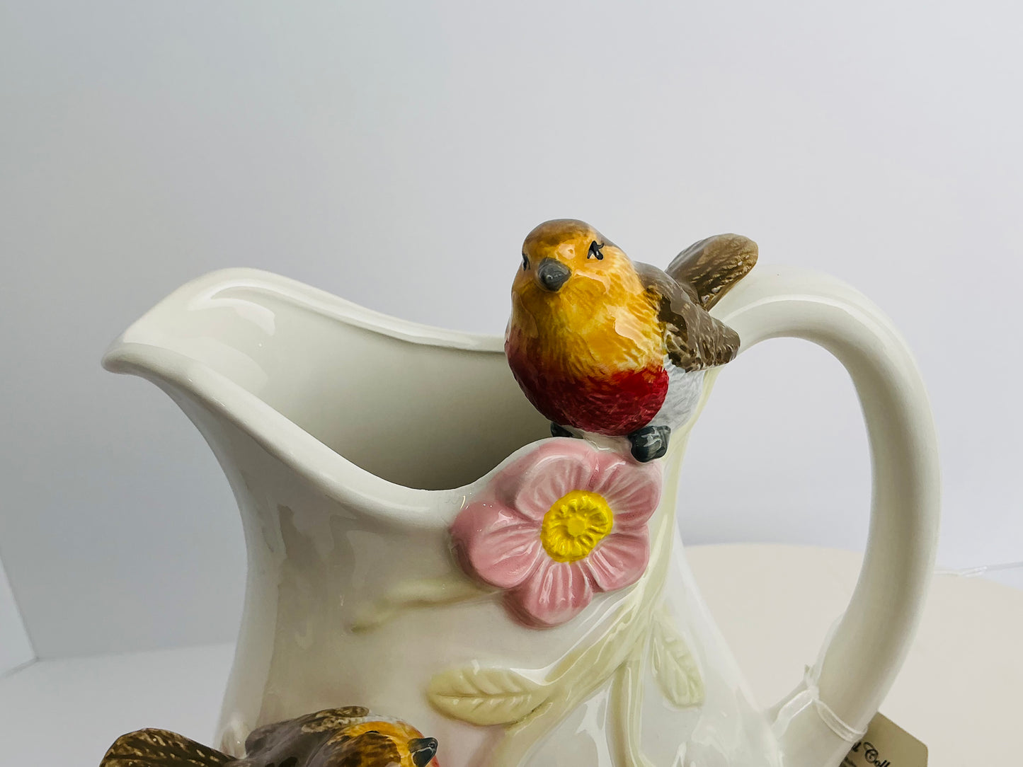 CornerRuby Ceramic Robin Bird Pitcher | 3D Sculpted Flowers & Robins | Cream Decorative Jug 9"