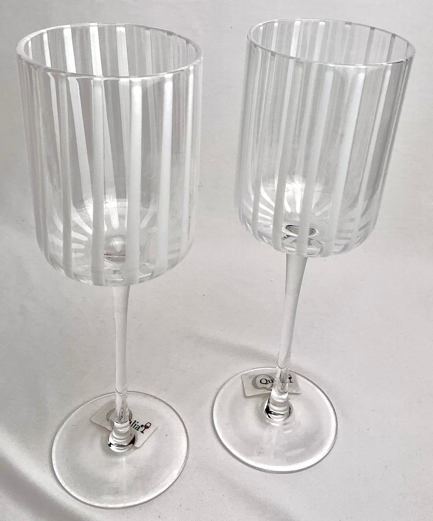 Qualia Glass Blue Striped “Posh” Wine Glasses-Set of 2- Hand-Blown Crystal 9”H