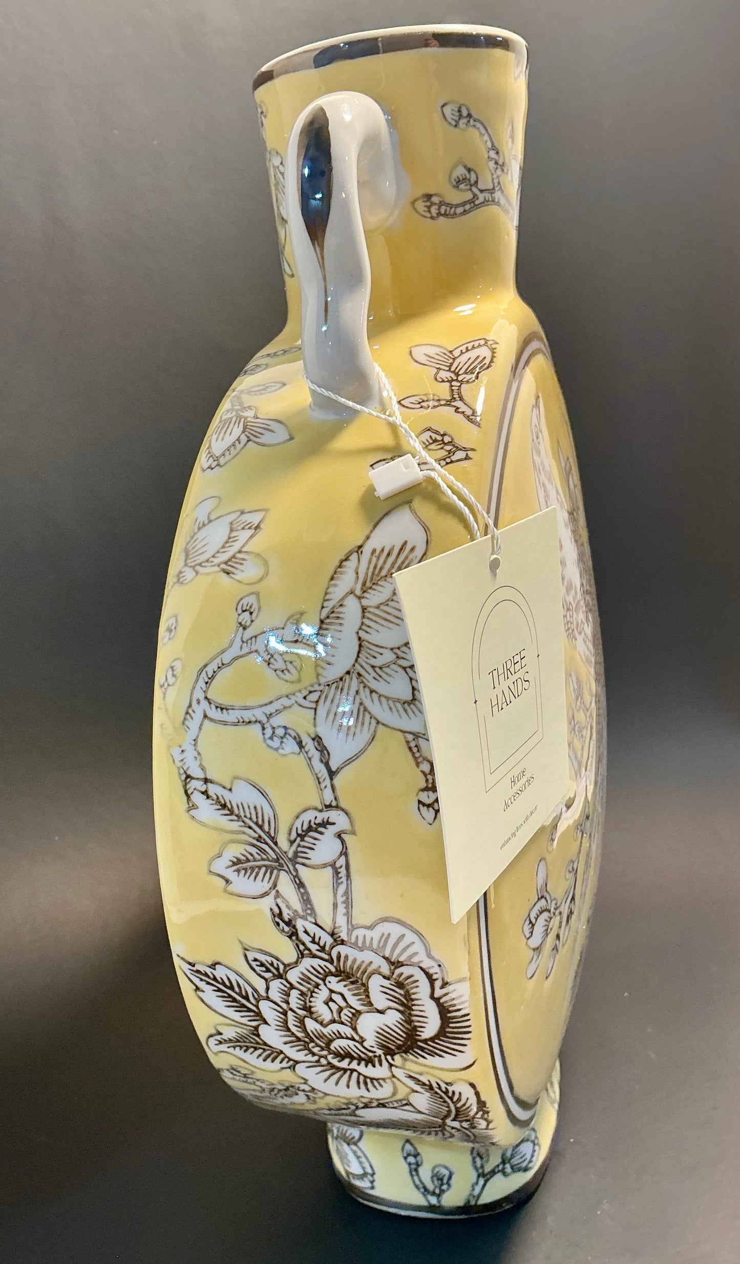 Three Hands Yellow Chinoiserie Bird & Floral Moon Flask Vase, double handled, hand painted vintage