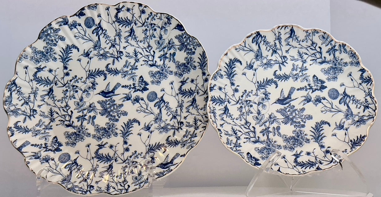 Grace Teaware Blue & White Botanical Bird Toile Dinner or Salad/Dessert Plate – Fine Porcelain